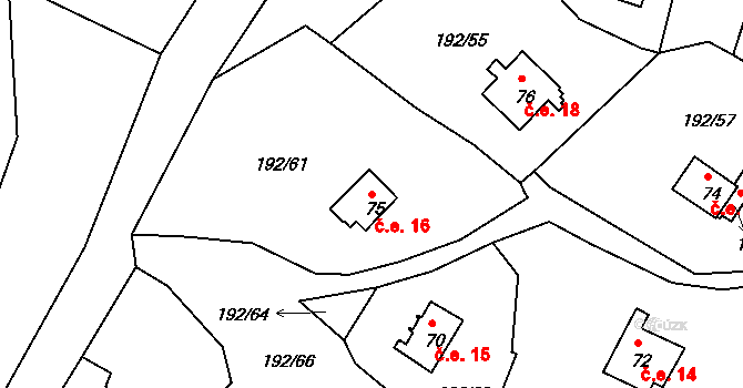 Mradice 16, Postoloprty na parcele st. 75 v KÚ Mradice, Katastrální mapa