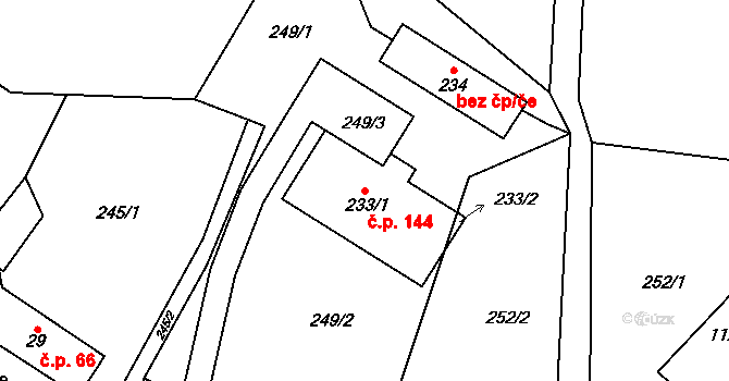 Kohoutov 144 na parcele st. 233/1 v KÚ Kohoutov, Katastrální mapa
