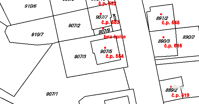 Blučina 554 na parcele st. 907/5 v KÚ Blučina, Katastrální mapa