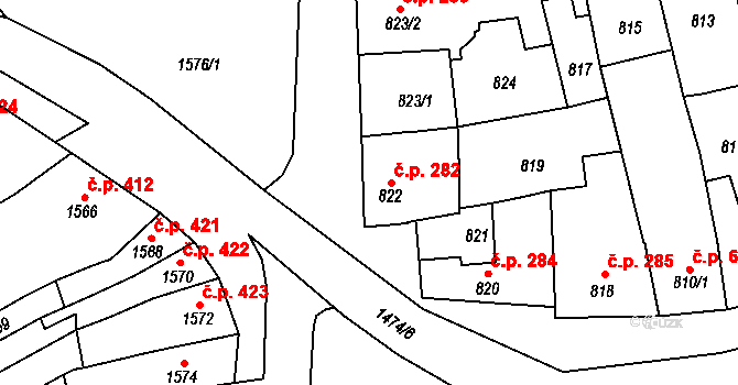 Šlapanice 282 na parcele st. 822 v KÚ Šlapanice u Brna, Katastrální mapa