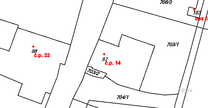 Julčín 14, Úštěk na parcele st. 87 v KÚ Vědlice, Katastrální mapa