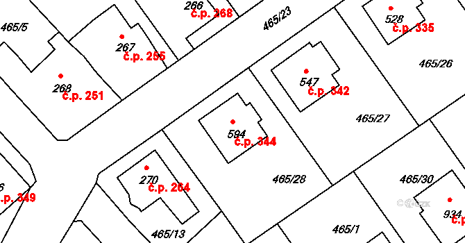 Hylváty 344, Ústí nad Orlicí na parcele st. 594 v KÚ Hylváty, Katastrální mapa