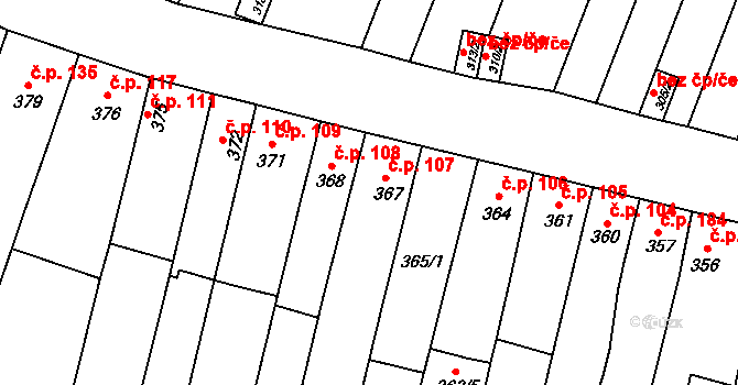 Rajhradice 107 na parcele st. 367 v KÚ Rajhradice, Katastrální mapa