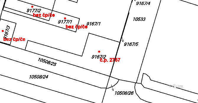 Jižní Předměstí 2757, Plzeň na parcele st. 9167/2 v KÚ Plzeň, Katastrální mapa
