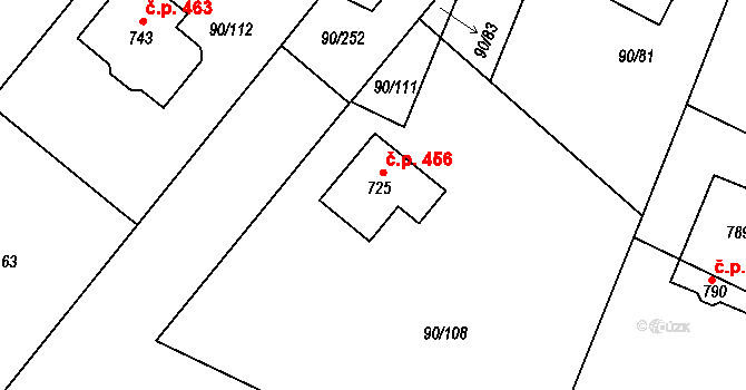 Dobroměřice 456 na parcele st. 725 v KÚ Dobroměřice, Katastrální mapa