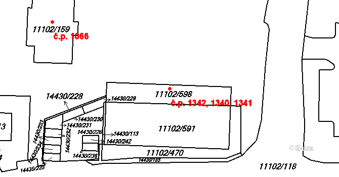 Severní Předměstí 1340,1341,1342, Plzeň na parcele st. 11102/591 v KÚ Plzeň, Katastrální mapa