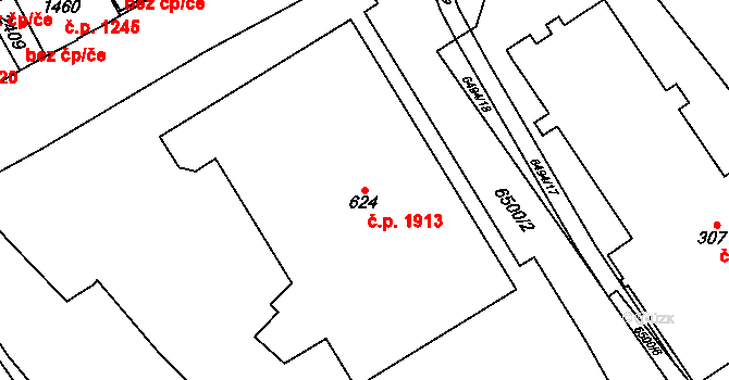 Kraslice 1913 na parcele st. 624 v KÚ Kraslice, Katastrální mapa