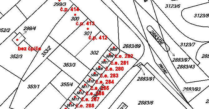 Hodonín 281 na parcele st. 5806 v KÚ Hodonín, Katastrální mapa
