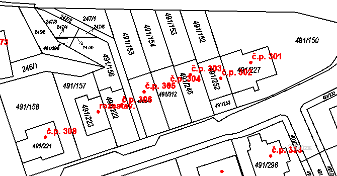 Kanice 304 na parcele st. 491/154 v KÚ Kanice, Katastrální mapa