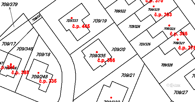 Popůvky 366 na parcele st. 709/335 v KÚ Popůvky u Brna, Katastrální mapa
