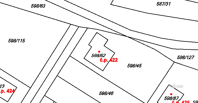 Chotíkov 422 na parcele st. 598/62 v KÚ Chotíkov, Katastrální mapa