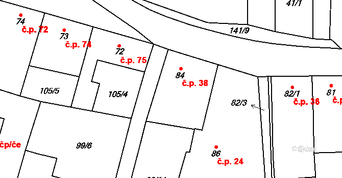 Veselíčko 38 na parcele st. 84 v KÚ Veselíčko u Milevska, Katastrální mapa