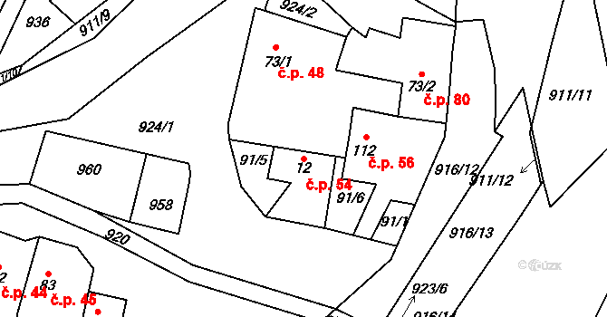 Polichno 54, Luhačovice na parcele st. 12 v KÚ Polichno, Katastrální mapa