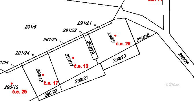 Výsonín 28, Lukavice na parcele st. 290/9 v KÚ Výsonín, Katastrální mapa
