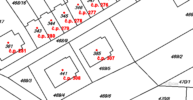 Rosice 307 na parcele st. 385 v KÚ Rosice u Chrasti, Katastrální mapa