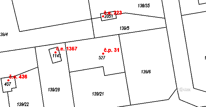 Rajchardov 31, Hradištko na parcele st. 527 v KÚ Hradištko pod Medníkem, Katastrální mapa