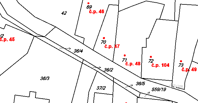 Stádlec 47 na parcele st. 70 v KÚ Stádlec, Katastrální mapa