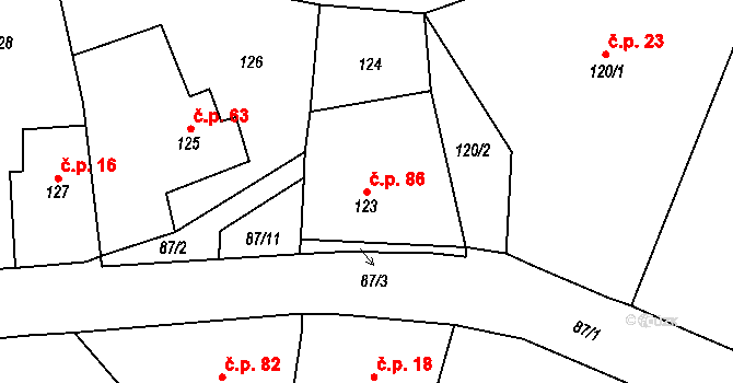 Slavětín nad Metují 86 na parcele st. 123 v KÚ Slavětín nad Metují, Katastrální mapa