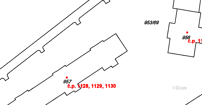 Kopřivnice 1128,1129,1130 na parcele st. 957 v KÚ Kopřivnice, Katastrální mapa