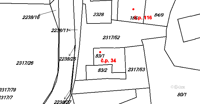 Košetice 34 na parcele st. 83/1 v KÚ Košetice, Katastrální mapa