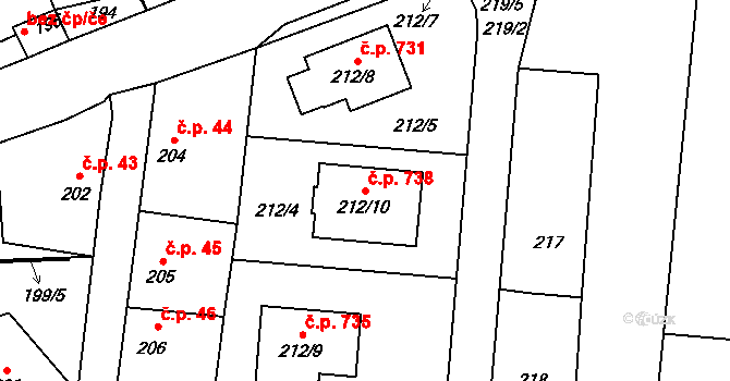 Vinařice 738 na parcele st. 212/10 v KÚ Vinařice u Kladna, Katastrální mapa