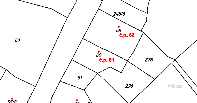Milčeves 51, Žatec na parcele st. 60 v KÚ Milčeves, Katastrální mapa