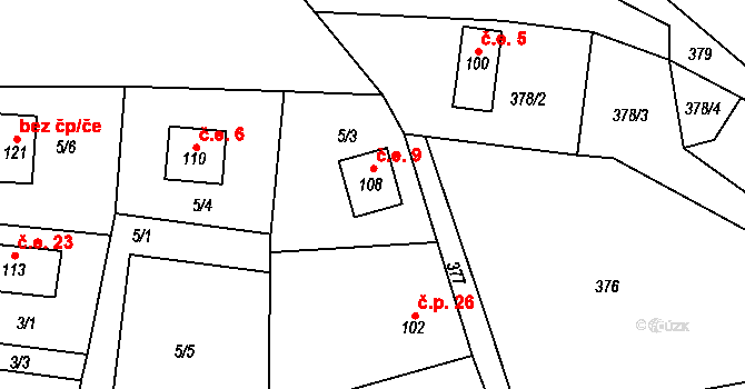 Proruby 9, Brzice na parcele st. 108 v KÚ Proruby, Katastrální mapa
