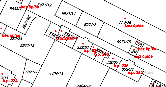 Hrušovany nad Jevišovkou 236 na parcele st. 332/31 v KÚ Hrušovany nad Jevišovkou, Katastrální mapa