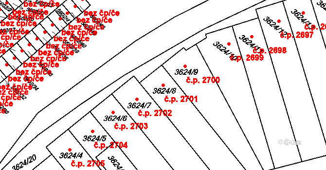 Znojmo 2701 na parcele st. 3624/8 v KÚ Znojmo-město, Katastrální mapa