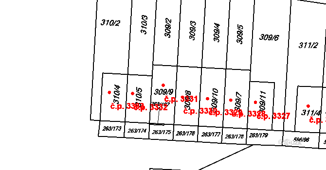 Znojmo 3331 na parcele st. 309/9 v KÚ Znojmo-Louka, Katastrální mapa