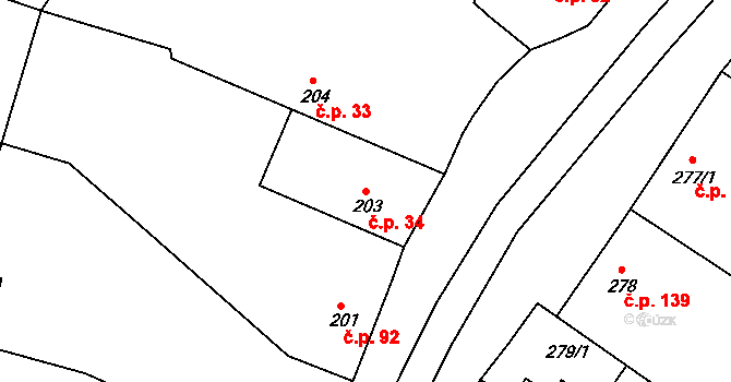 Hlízov 34 na parcele st. 203 v KÚ Hlízov, Katastrální mapa