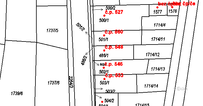 Lišov 548 na parcele st. 486/1 v KÚ Lišov, Katastrální mapa