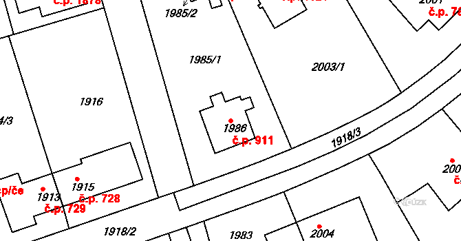 Roztoky 911 na parcele st. 1986 v KÚ Roztoky u Prahy, Katastrální mapa