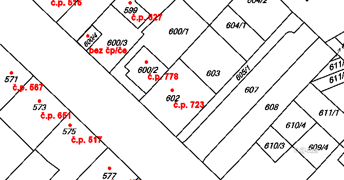 Lužice 723 na parcele st. 602 v KÚ Lužice u Hodonína, Katastrální mapa