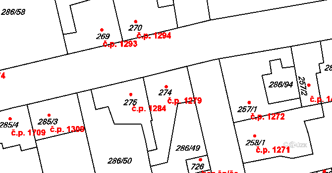 Švermov 1279, Kladno na parcele st. 274 v KÚ Hnidousy, Katastrální mapa