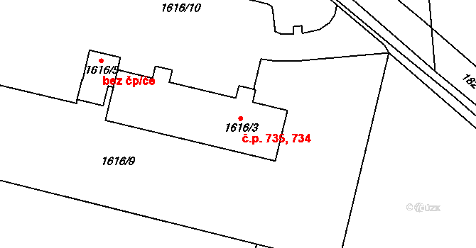 Kosmonosy 734,735 na parcele st. 1616/3 v KÚ Kosmonosy, Katastrální mapa