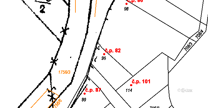 Hořovičky 82 na parcele st. 96 v KÚ Hořovičky, Katastrální mapa