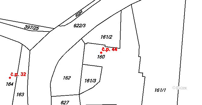 Milíčeves 44, Slatiny na parcele st. 160 v KÚ Milíčeves, Katastrální mapa