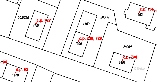 Žichlínské Předměstí 728,729, Lanškroun na parcele st. 1399 v KÚ Lanškroun, Katastrální mapa