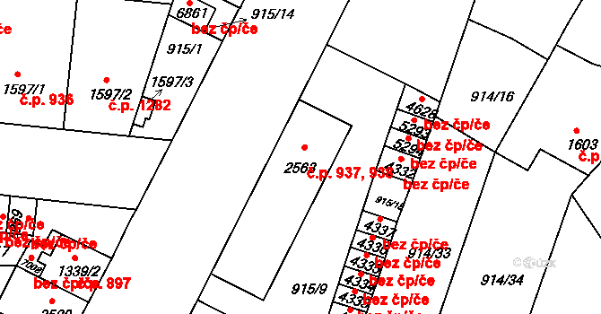 Horka-Domky 937,938, Třebíč na parcele st. 2563 v KÚ Třebíč, Katastrální mapa