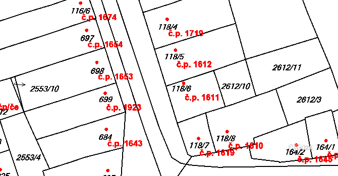 Břeclav 1611 na parcele st. 118/6 v KÚ Břeclav, Katastrální mapa