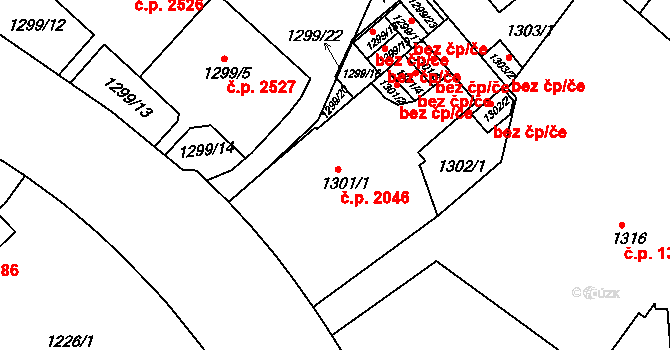Teplice 2046 na parcele st. 1301/1 v KÚ Teplice, Katastrální mapa