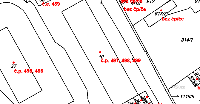 Dubí 497,498,499 na parcele st. 40 v KÚ Dubí u Teplic, Katastrální mapa