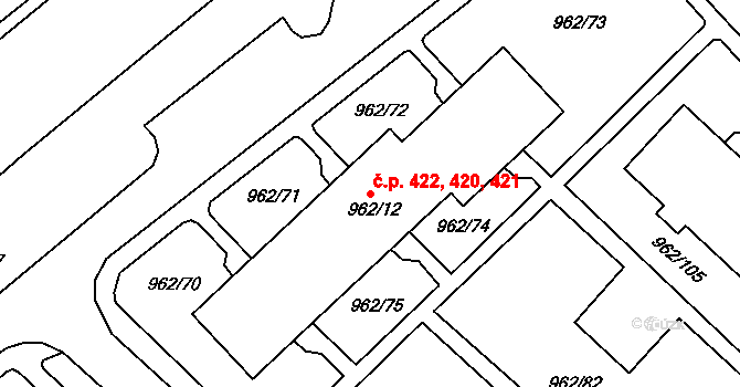 Frýdek 420,421,422, Frýdek-Místek na parcele st. 962/12 v KÚ Frýdek, Katastrální mapa
