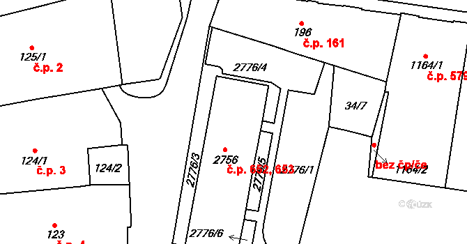 Cheb 652,653 na parcele st. 2756 v KÚ Cheb, Katastrální mapa