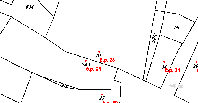 Hrušov 23 na parcele st. 31 v KÚ Hrušov nad Jizerou, Katastrální mapa