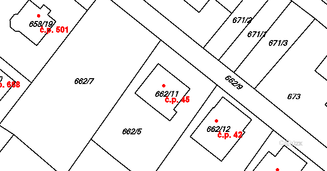 Rumburk 1 45, Rumburk na parcele st. 662/11 v KÚ Rumburk, Katastrální mapa
