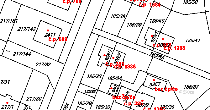 Sezimovo Ústí 386 na parcele st. 308/1 v KÚ Sezimovo Ústí, Katastrální mapa