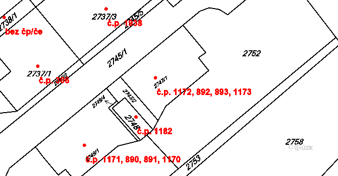Kuřim 892,893,1172,1173 na parcele st. 2747/1 v KÚ Kuřim, Katastrální mapa