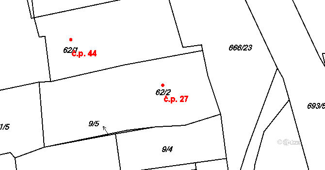 Obora 27, Doksy na parcele st. 62/2 v KÚ Obora v Podbezdězí, Katastrální mapa